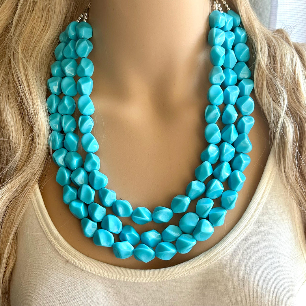 Cornflower Triple Strand Statement Necklace, Chunky light blue Oval Beaded Bib Jewelry, blue jewelry, stone acrylic blue jewlery necklace