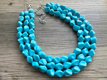 Load image into Gallery viewer, Cornflower Triple Strand Statement Necklace, Chunky light blue Oval Beaded Bib Jewelry, blue jewelry, stone acrylic blue jewlery necklace