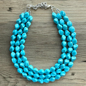 Cornflower Triple Strand Statement Necklace, Chunky light blue Oval Beaded Bib Jewelry, blue jewelry, stone acrylic blue jewlery necklace