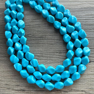 Cornflower Triple Strand Statement Necklace, Chunky light blue Oval Beaded Bib Jewelry, blue jewelry, stone acrylic blue jewlery necklace