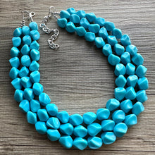 Load image into Gallery viewer, Cornflower Triple Strand Statement Necklace, Chunky light blue Oval Beaded Bib Jewelry, blue jewelry, stone acrylic blue jewlery necklace