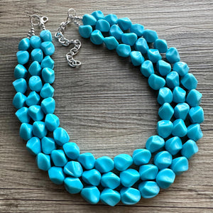 Cornflower Triple Strand Statement Necklace, Chunky light blue Oval Beaded Bib Jewelry, blue jewelry, stone acrylic blue jewlery necklace