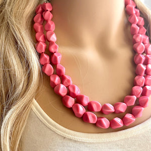 Pink Coral Chunky Statement jewelry set, Big bib beaded Double Strand Statement Necklace, light pink bridesmaid wedding