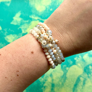 Creamy Crystal Bracelet Set, 4 Blush Tan White Holiday Jewelry, Stocking Stuffer Gift Arm Candy Present, clay stretch friendship