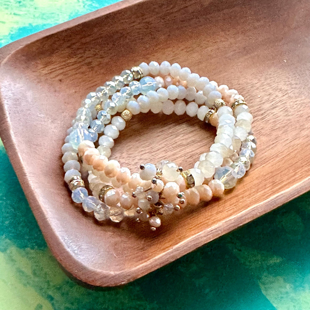 Creamy Crystal Bracelet Set, 4 Blush Tan White Holiday Jewelry, Stocking Stuffer Gift Arm Candy Present, clay stretch friendship