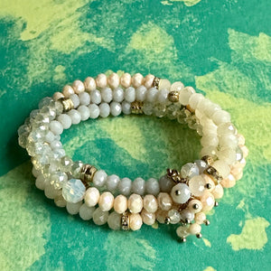 Creamy Crystal Bracelet Set, 4 Blush Tan White Holiday Jewelry, Stocking Stuffer Gift Arm Candy Present, clay stretch friendship