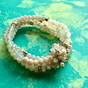 Creamy Crystal Bracelet Set, 4 Blush Tan White Holiday Jewelry, Stocking Stuffer Gift Arm Candy Present, clay stretch friendship