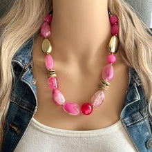 Load image into Gallery viewer, Pink &amp; gold Chunky Statement Necklace, Pink and brown beaded jewelry, single Strand Bib Necklace, Beaded necklace, hot pink necklace