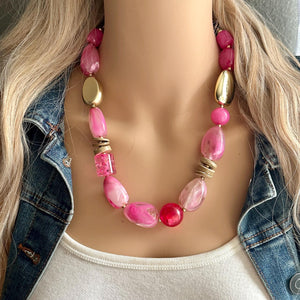 Pink & gold Chunky Statement Necklace, Pink and brown beaded jewelry, single Strand Bib Necklace, Beaded necklace, hot pink necklace