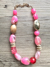 Load image into Gallery viewer, Pink &amp; gold Chunky Statement Necklace, Pink and brown beaded jewelry, single Strand Bib Necklace, Beaded necklace, hot pink necklace