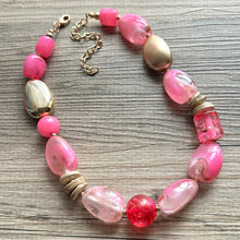 Load image into Gallery viewer, Pink &amp; gold Chunky Statement Necklace, Pink and brown beaded jewelry, single Strand Bib Necklace, Beaded necklace, hot pink necklace