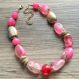 Pink & gold Chunky Statement Necklace, Pink and brown beaded jewelry, single Strand Bib Necklace, Beaded necklace, hot pink necklace