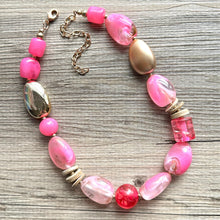 Load image into Gallery viewer, Pink &amp; gold Chunky Statement Necklace, Pink and brown beaded jewelry, single Strand Bib Necklace, Beaded necklace, hot pink necklace