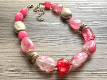 Load image into Gallery viewer, Pink &amp; gold Chunky Statement Necklace, Pink and brown beaded jewelry, single Strand Bib Necklace, Beaded necklace, hot pink necklace