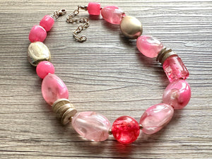 Pink & gold Chunky Statement Necklace, Pink and brown beaded jewelry, single Strand Bib Necklace, Beaded necklace, hot pink necklace