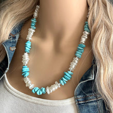 Load image into Gallery viewer, Turquoise blue &amp; white pearl single strand chunky jewelry, handmade beaded metallic statement necklace, light teal gold bib necklace