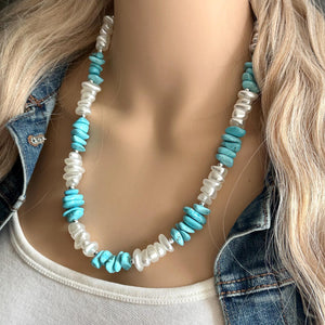 Turquoise blue & white pearl single strand chunky jewelry, handmade beaded metallic statement necklace, light teal gold bib necklace