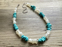 Load image into Gallery viewer, Turquoise blue &amp; white pearl single strand chunky jewelry, handmade beaded metallic statement necklace, light teal gold bib necklace