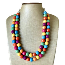 Load image into Gallery viewer, Rainbow Wood Confetti Statement, wooden jewelry, silver chain thick bib chunky necklace, 2 strand red orange yellow green blue purple pink