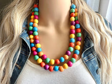 Load image into Gallery viewer, Rainbow Wood Confetti Statement, wooden jewelry, silver chain thick bib chunky necklace, 2 strand red orange yellow green blue purple pink