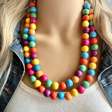 Load image into Gallery viewer, Rainbow Wood Confetti Statement, wooden jewelry, silver chain thick bib chunky necklace, 2 strand red orange yellow green blue purple pink