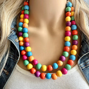 Rainbow Wood Confetti Statement, wooden jewelry, silver chain thick bib chunky necklace, 2 strand red orange yellow green blue purple pink