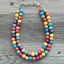 Load image into Gallery viewer, Rainbow Wood Confetti Statement, wooden jewelry, silver chain thick bib chunky necklace, 2 strand red orange yellow green blue purple pink