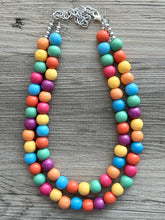 Load image into Gallery viewer, Rainbow Wood Confetti Statement, wooden jewelry, silver chain thick bib chunky necklace, 2 strand red orange yellow green blue purple pink