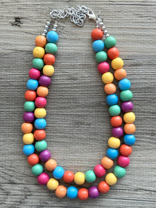 Rainbow Wood Confetti Statement, wooden jewelry, silver chain thick bib chunky necklace, 2 strand red orange yellow green blue purple pink