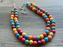 Load image into Gallery viewer, Rainbow Wood Confetti Statement, wooden jewelry, silver chain thick bib chunky necklace, 2 strand red orange yellow green blue purple pink