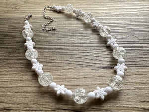 White Snowball Beaded Chunky Statement Necklace, clear resin necklace, single silver beaded wedding, bridesmaid jewelry winter snowflake