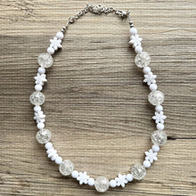 Load image into Gallery viewer, White Snowball Beaded Chunky Statement Necklace, clear resin necklace, single silver beaded wedding, bridesmaid jewelry winter snowflake