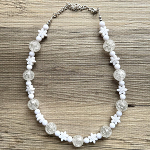 White Snowball Beaded Chunky Statement Necklace, clear resin necklace, single silver beaded wedding, bridesmaid jewelry winter snowflake