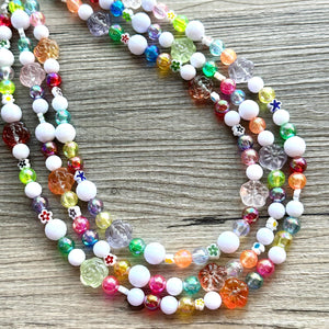 Rainbow Glass Statement Necklace, colorful chunky jewelry, rainbow necklace, multi strand pride chunky beaded necklace, bubble necklace