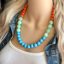 Load image into Gallery viewer, Single Strand Light Blue Big Beaded Statement Necklace, light green Jewelry, orange beaded necklace, blue beaded bridesmaid aqua