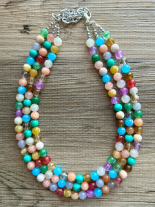 Into The Prism necklace, Rainbow thick necklace, stunning sparkle shimmer statement bib necklace, 3 strand pink blue green resin swirl white