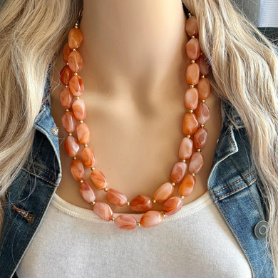 Creamy Harvest Statement Necklace, orange white gold Double Strand resin beaded jewelry, fall colors OOAK brown tan