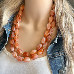 Creamy Harvest Statement Necklace, orange white gold Double Strand resin beaded jewelry, fall colors OOAK brown tan