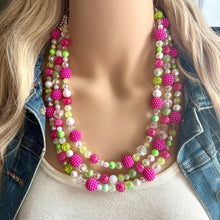 Load image into Gallery viewer, Lime Green &amp; Raspberry Hot Pink Chunky Statement Necklace, Big beaded jewelry, 3 Strand white Statement Bib bridesmaid wedding