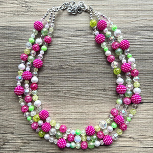 Lime Green & Raspberry Hot Pink Chunky Statement Necklace, Big beaded jewelry, 3 Strand white Statement Bib bridesmaid wedding