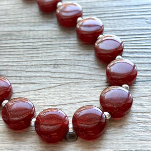 Glitter Infused Garnet Single Strand maroon Statement Necklace, bib chunky necklace layering necklace, gifts for women silver red geometric