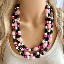 Load image into Gallery viewer, Pink &amp; Black Necklace, multi strand jewelry, big beaded chunky statement necklace, pink necklace, bridesmaid necklace, bib blush white