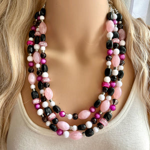 Pink & Black Necklace, multi strand jewelry, big beaded chunky statement necklace, pink necklace, bridesmaid necklace, bib blush white