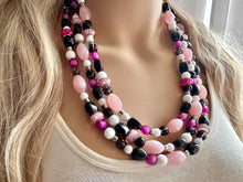 Load image into Gallery viewer, Pink &amp; Black Necklace, multi strand jewelry, big beaded chunky statement necklace, pink necklace, bridesmaid necklace, bib blush white