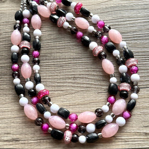 Pink & Black Necklace, multi strand jewelry, big beaded chunky statement necklace, pink necklace, bridesmaid necklace, bib blush white