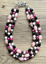 Load image into Gallery viewer, Pink &amp; Black Necklace, multi strand jewelry, big beaded chunky statement necklace, pink necklace, bridesmaid necklace, bib blush white