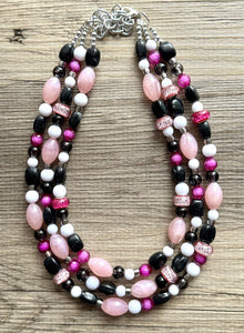 Pink & Black Necklace, multi strand jewelry, big beaded chunky statement necklace, pink necklace, bridesmaid necklace, bib blush white