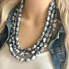 Load image into Gallery viewer, Black &amp; White Swirl Big Bead Necklace, Statement Jewelry, white black silver Chunky bib, bridesmaids necklace, wedding 3 strand bridal