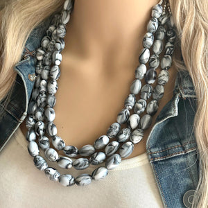 Black & White Swirl Big Bead Necklace, Statement Jewelry, white black silver Chunky bib, bridesmaids necklace, wedding 3 strand bridal