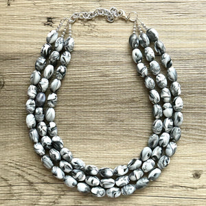 Black & White Swirl Big Bead Necklace, Statement Jewelry, white black silver Chunky bib, bridesmaids necklace, wedding 3 strand bridal